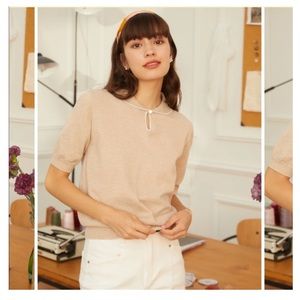 Simple Retro Short Sleeve Sweater with Pearl Clasp